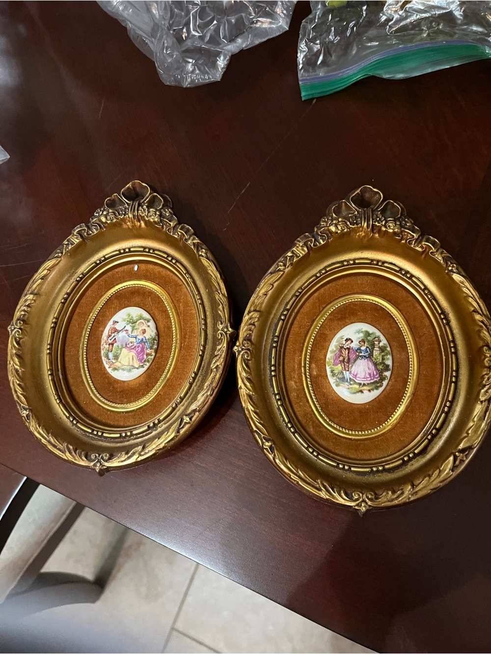 Vintage Victorian Gold Frame Portrait Hand painted porcelain medallions Set of 2